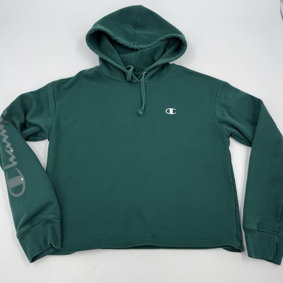 Women's CHAMPION Green Cropped Hooded Sweatshirt Size M - Picture 1 of 16